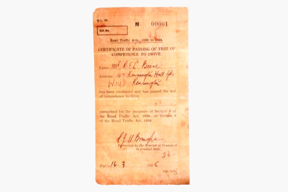 The driving test pass certificate of Mr R Beere, who was the first person to pass the driving test.